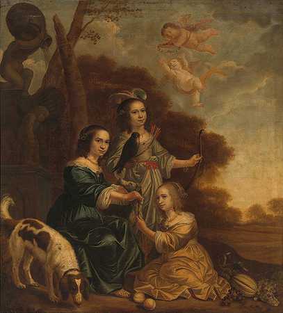艺术家吉尔特鲁伊特、玛格丽特和安娜·德尔夫的肖像s的女儿（风景画中三个小女孩的肖像）`Portrait of Geertruyt, Margriet and Anna Delff, the Artists Daughters (Portrait of three Little Girls in a Landscape) (1660) by Jacob Willemsz. Delff The Younger