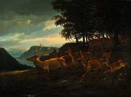 丛林中的雄鹿`Stag In A Wood (1835) by Johann Erdmann Gottlieb Prestel