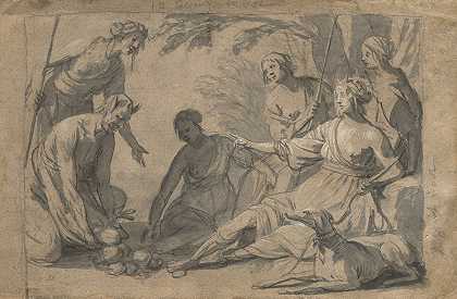 戴安娜和四个仙女从一个色狼那里收到礼物`Diana and Four Nymphs Receiving Gifts from a Satyr (c. 1630) by Gerard van Honthorst
