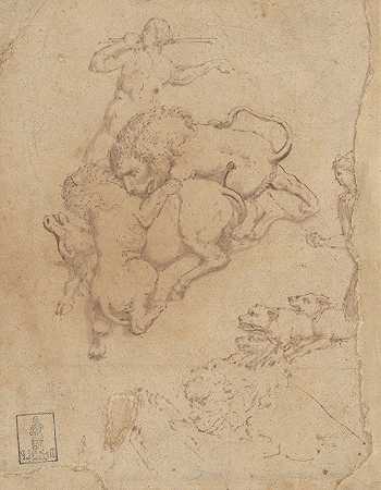 狩猎场景和狮子攻击动物`Hunting Scene and Lions Attacking Animals (late 16th century) by The Veneto