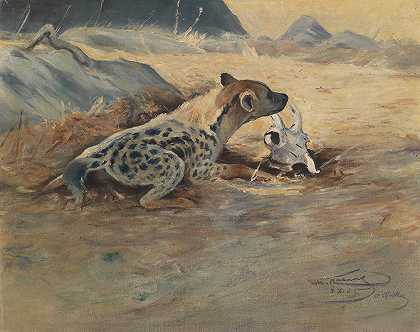 等待中的鬣狗`Hyäne auf der Lauer (1905) by Wilhelm Kuhnert