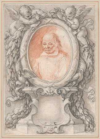 一幅椭圆形的肖像画，一个精心设计的框架里有一个卡通人物`Oval Portrait of a Man in an Elaborate Frame with a Cartouche (ca. 1724) by Antonino Grano