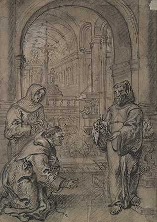 保拉的圣方济各手里拿着活煤`St. Francis of Paula Holding Live Coal in his Hands (17th century) by Circle of Erasmus Quellinus II