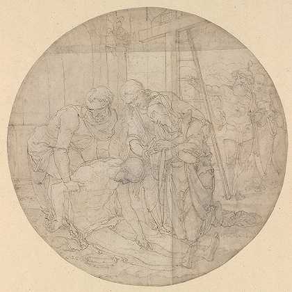 基督在十字架脚下哀悼`Christ at the Foot of the Cross, Mourned by Mary and John (early 16th century) by Mary and John by Nicolaas Hogenberg