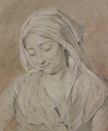 一个戴着头巾的女人俯视的胸部图像`Brustbild einer niederblickenden Frau mit Kopftuch by Nicolas Bernard Lépicié