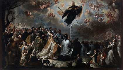 圣奥古斯丁出现，结束了蝗灾`St. Augustine Appears And Puts An End To The Plague Of The Locusts (1734) by Miguel Jacinto Menéndez