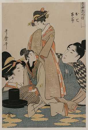 Oshichi和Kichisaburo（选自《爱情恒久不变》系列音乐）`Oshichi and Kichisaburo (from the series Music on the Theme of Constancy in Love) (c. 1800) by Kitagawa Utamaro
