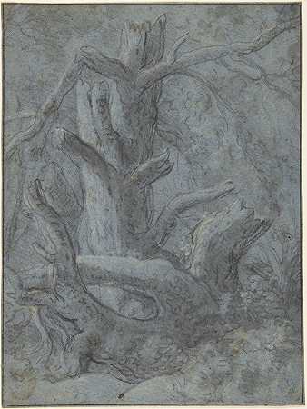 树干和树枝爆破的研究`Study of a Blasted Tree Trunk and Branches (1600–1653) by Simon de Vlieger