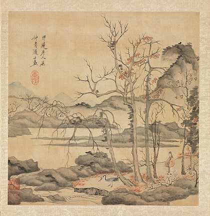 秋景中的道家与鹤`Daoist and Crane in Autumn Landscape (1598~1652) by Chen Hongshou