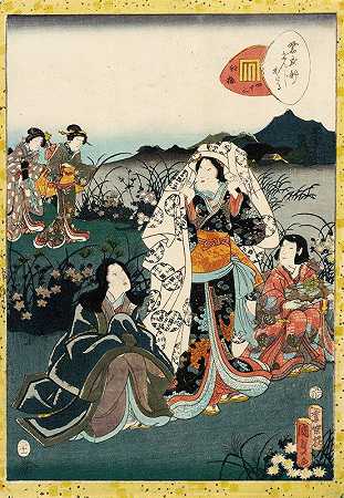 《源氏物语》第039章《隐藏中的村崎实》晚梅`Murasaki Shikibu in Hiding, from the Tale of Genji chapter, ;Night Plum (1857) by Utagawa Kunisada (Toyokuni III)