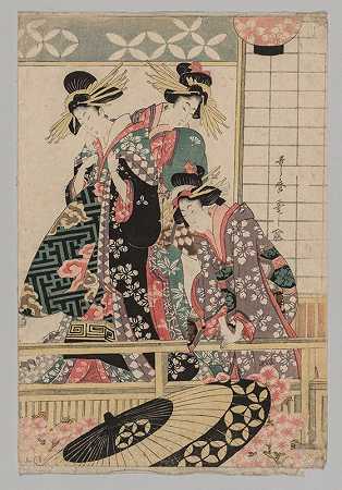 春日里，吉原的女人们凝视着街道`Yoshiwara Women Looking into the Street at Springtime (1753~1806) by Kitagawa Utamaro