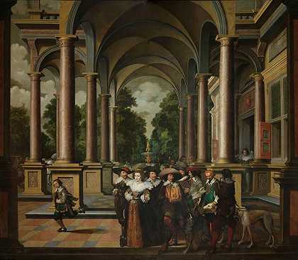 带有装饰性建筑和圆柱的宫殿画廊`Gallery of a Palace with Ornamental Architecture and Columns (1630 ~ 1632) by Dirck Van Delen