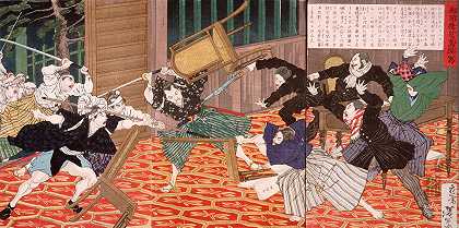 鹿儿岛新闻图片（学校袭击）`A Picture of the News from Kagoshima (Attack at School) (1877) by Tsukioka Yoshitoshi