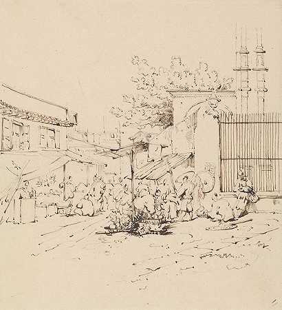 商人贩卖商品的街景`Street Scene with Merchants Selling Wares (ca. 1843) by George Chinnery