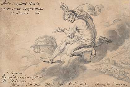 一个人坐在战场上空的云上，指着一个地球仪`Man Sitting on a Cloud Above a Battlefield, Pointing to a Globe (1693) by Georg Christoph Eimmart the Younger