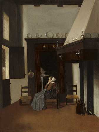 室内的年轻女子`Young Woman in an Interior (c. 1660) by Jacobus Vrel
