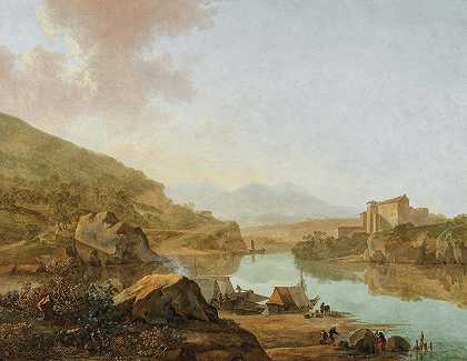 广阔的意大利河流景观`An extensive Italianate river landscape by Adam Pynacker