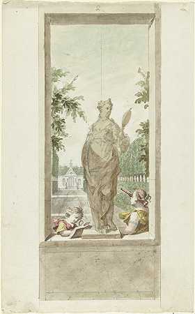 为大厅设计感官脸雕像，旁边是一个拿着放大镜的男孩和一个带着观众的女人`Ontwerp voor een zaalstuk; standbeeld van zintuig Gezicht, daarnaast een jongen met vergrootglas en vrouw met kijker (1715 ~ 1798) by Dionys van Nijmegen
