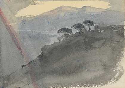 彩虹风景`Landscape with Rainbow (1861) by Barbara Bodichon