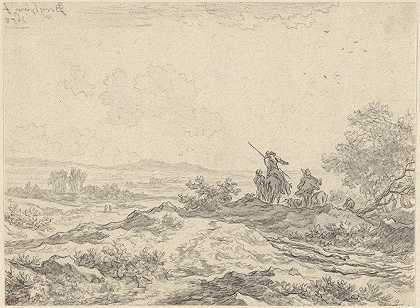 有牧羊人的沙丘景观`Dune Landscape with Shepherds (1652) by Nicolaes Pietersz. Berchem