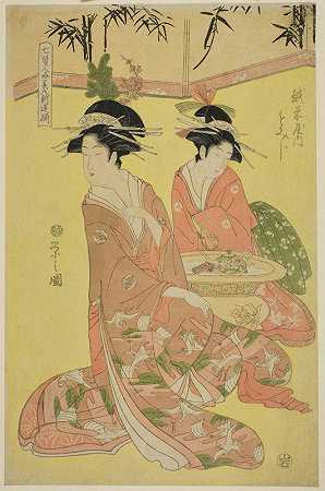 模仿七圣贤的美女——年轻妓女精选（Shichi kenjin yatsushi bijin shinzo zoroe）越前岛的莫米吉`Beauties Parodying the Seven Sages – A Selection of Younger Courtesans (Shichi kenjin yatsushi bijin shinzo zoroe); Momiji of the Echizenya (c. 1793) by Chōbunsai Eishi