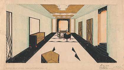 莱弗茨大道塔尔博特街8300号Shellball公寓的设计。，邱花园，纽约州纽约市。]【大堂透景观】`Designs for Shellball Apartments, 8300 Talbot St. at Lefferts Blvd., Kew Gardens, New York, NY.] [Perspective drawing of lobby (1928) by Winold Reiss