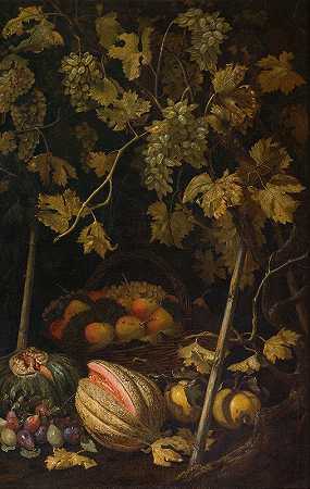 水果和藤蔓的静物`Still Life with Fruit and Vine (1620s) by Pietro Paolo Bonzi