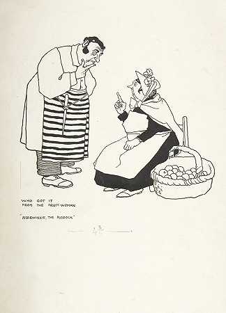 &;谁从卖水果的女人那里得到的Peeriwinkie the Puddock，来自乱七八糟的故事`;Who Got it from the Fruit~woman; Peeriwinkie the Puddock, from ;Topsy~Turvy Tales (circa 1923) by William Heath Robinson