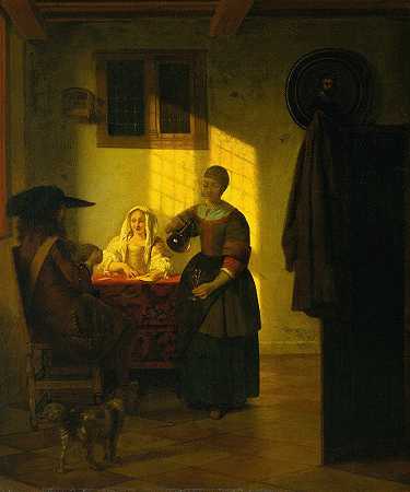 一对夫妇在打牌，和一个侍者在一起`A Couple Playing Cards, with a Serving Woman (ca. 1665–75) by Pieter De Hooch