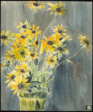 黑眼睛苏珊娜花瓶`Vase with Blackeyed Susans (circa 1915) by Hannah Borger Overbeck