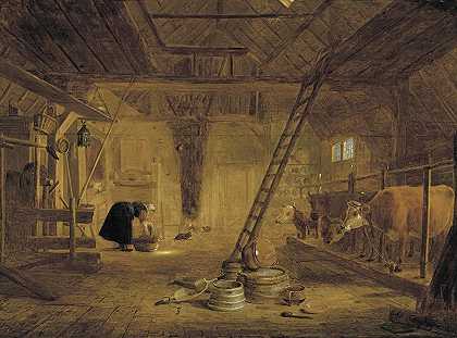 谷仓屋内有四头牛，一个牛奶女佣在清洗一个罐子，前景是陶器罐子`A Barn Interior With Four Cows, A Milk Maid Cleaning A Pot, And Earthenware Pots In The Foreground (1645) by Govert Dircksz Camphuysen