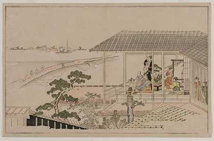 月亮从日本河堤和吉原升起`Moonrise Over the Nihon Embankment and the Yoshiwara (1790) by Kitagawa Utamaro