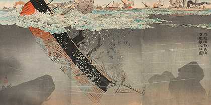 我们的海军在黄海击沉了一艘中国军舰`Our Navy Sinking a Chinese Warship in the Yellow Sea (1894) by Kobayashi Kiyochika