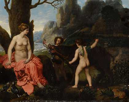 普蒂把杀死阿多尼斯的野猪送给维纳斯`Putti presenting Venus with the boar that killed Adonis (17th Century) by Roman School