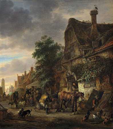 客栈前的工人`Workmen before an Inn (1645) by Isaac van Ostade