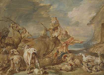 诺亚领着动物们进入方舟`Noah Leading the Animals into the Ark (c. 1645) by Giovanni Benedetto Castiglione