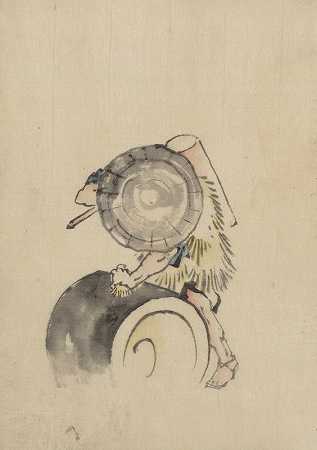 一个男人，戴着一顶大圆锥形帽子和一件稻草或羽毛衣服`A man, wearing a large conical hat and a straw or feather garment (1830~1850) by Katsushika Hokusai