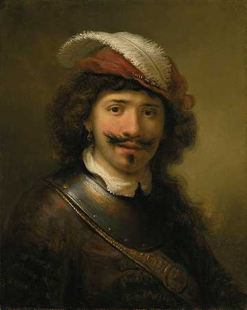 一个戴着羽绒帽的穿高帽的年轻人`A young man in a gorget with a plumed hat (1636) by Govert Flinck