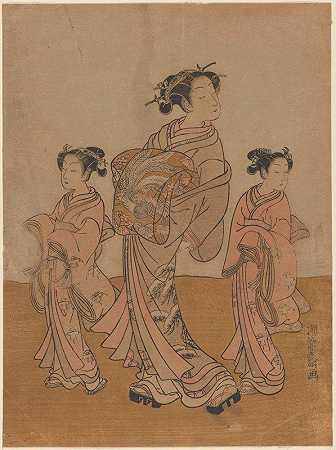 妓女和两个神户`Courtesan and Two Kamuro (ca. 1760–1780) by Koryûsai Isoda