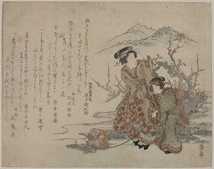 修好蘑菇鲨沙鲁`Baika saru hiku musume (1824) by Keisai Eisen