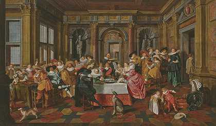 这是一家位于宫殿屋内的欢乐公司，有音乐家和tric trac演奏者`A merry company in a palatial interior, with musicians and tric~trac players (1628) by Dirck Hals