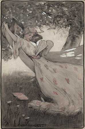 帕蒂坐在吊床上`Patty Sits in the Hammock (1908) by Clara D. Davidson