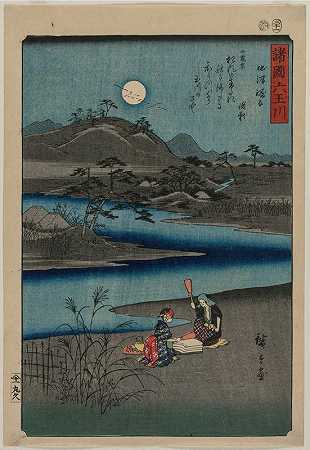塞特苏的布满宝石河，来自各省的六条宝石河系列`Cloth Fulling Jewel River in Settsu, from the series Six Jewel Rivers of the Various Provinces (1857) by Andō Hiroshige