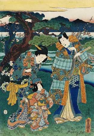 观赏梅花`Viewing Plum Blossoms (1858) by Utagawa Kunisada (Toyokuni III)