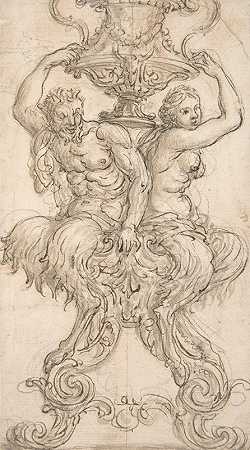 萨提尔和萨提尔斯坐在支撑花瓶的基座上。`Satyr and Satyress Seated on a Pedestal Supporting a Vase. (1652–1725) by Giovanni Battista Foggini