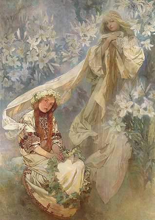 《百合花的麦当娜》`Madonna of the Lilies (1905) by Alphonse Mucha