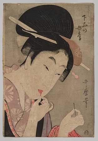 一位级别较低的妻子（Gebon no nyōbō），来自A系列《女性指南》s当代风格（Tōsei onna fūzoku tsū）`A Wife of the Lower Rank (Gebon no nyōbō), from the series A Guide to Womens Contemporary Styles (Tōsei onna fūzoku tsū) (c. 1801~2) by Kitagawa Utamaro