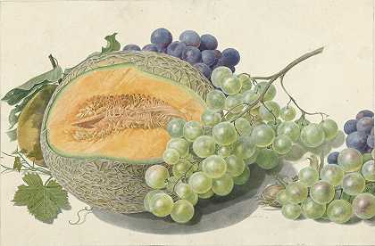 一个甜瓜，几串葡萄，一个桃子和榛子`A Melon, Bunches of Grapes, a Peach and Hazelnuts (1714 ~ 1760) by Michiel van Huysum
