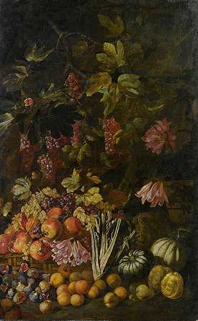 花卉和水果的静谧本质`Natura Morta Di Fiori E Frutta by Giovanni Battista Ruoppolo