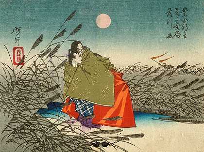富士河上的成平和尼日诺·津博恩`Narihira and Nijō no Tsubone at the Fuji River (1882) by Tsukioka Yoshitoshi